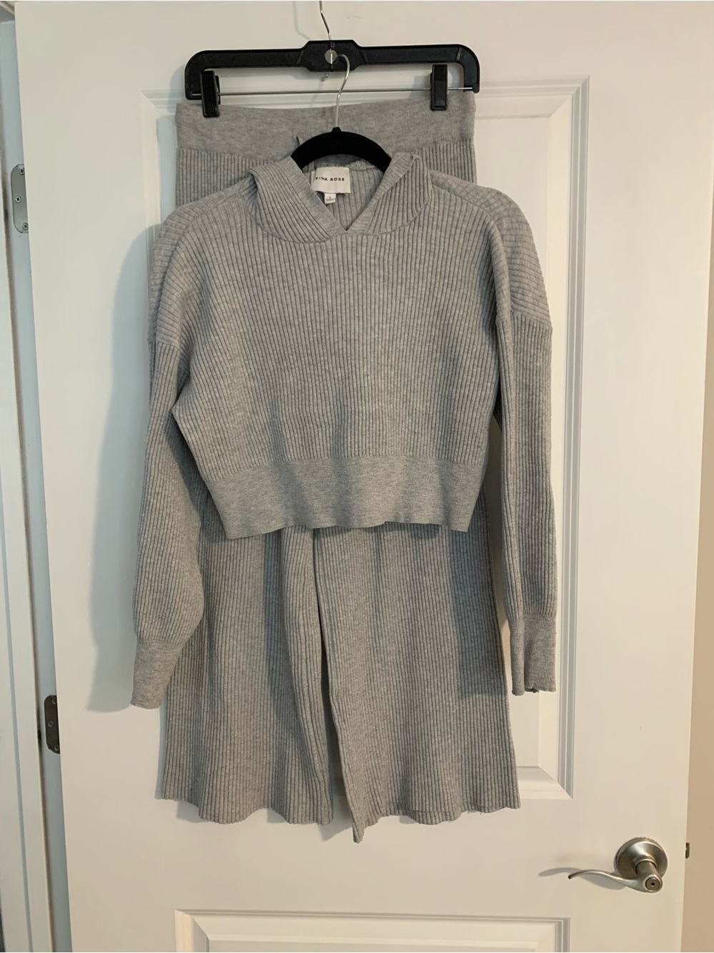 Cozy Ribbed Knit Hoodie & pants Set - Light Gray